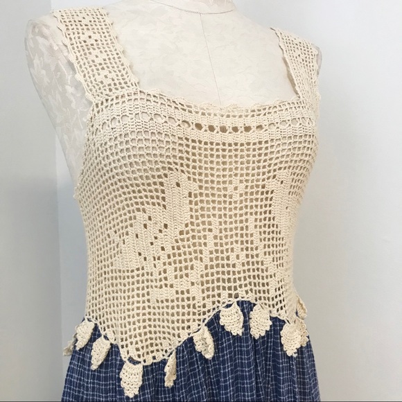 Vintage 70s Boho Crochet Top Print Midi Dress - Picture 4 of 11